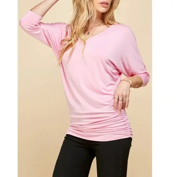 Made by Johnny Women's V-Neck 3/4 Sleeve Dolman Top with Side Shirring XXXL PINK - Picture 3 of 9